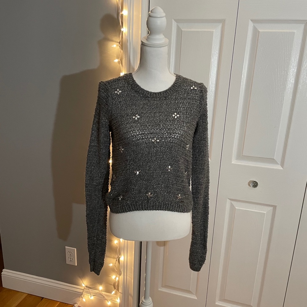 Grey Cropped Sweater with Rhinestones